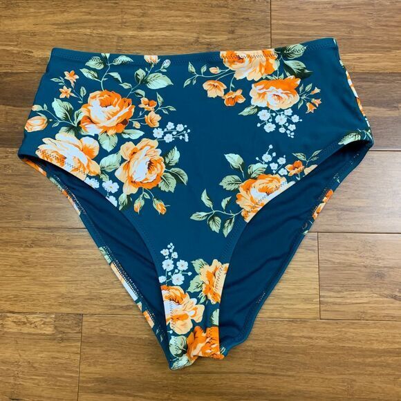 Cupshe Other - Cupshe Bikini Bottoms Womens Large‎ Teal Floral High Waisted Rose Print Swimwear